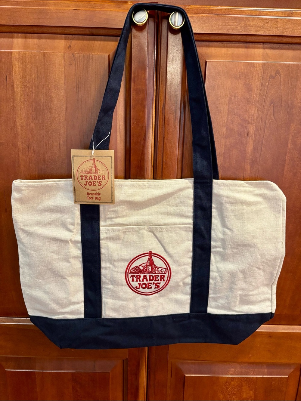 Trader Joe’s Large Canvas Tote Bag Cream and Navy Blue NWT